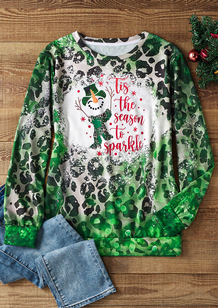 

Sweatshirts Christmas Tis The Season To Sparkle Snowman Leopard Sweatshirt in Multicolor. Size: L,M