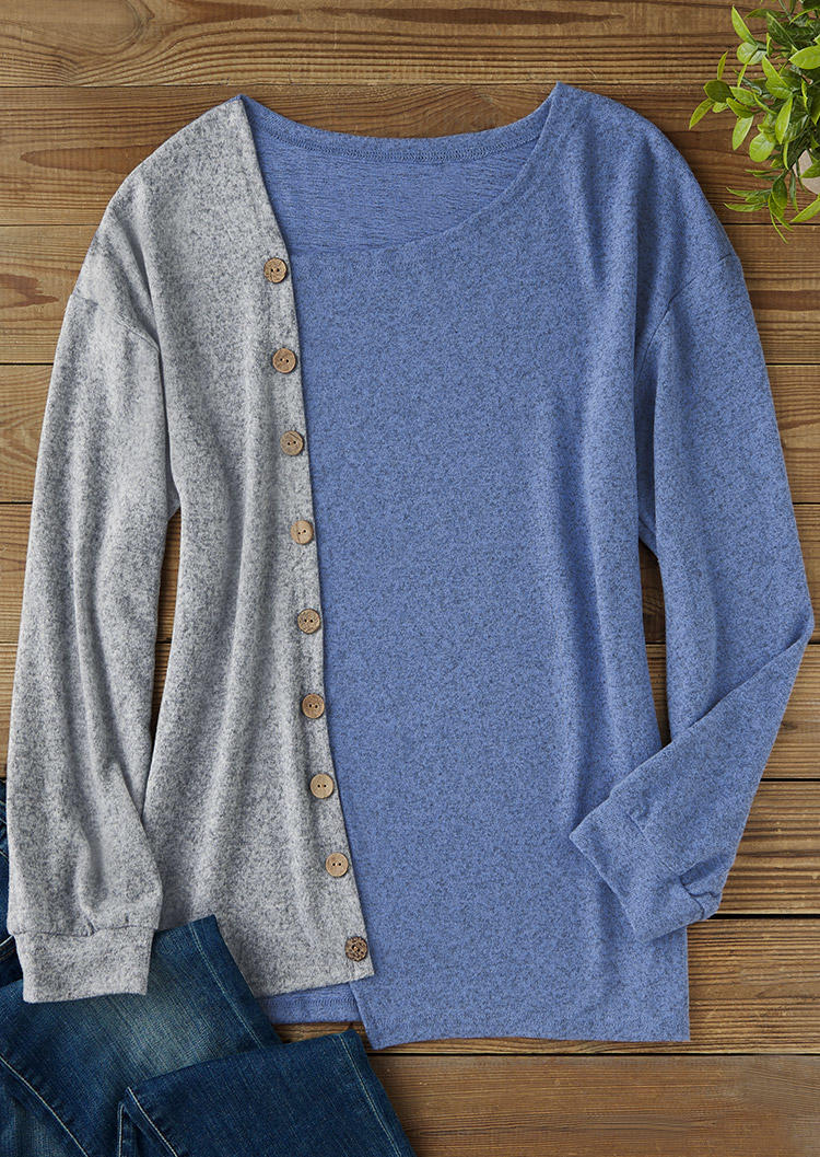 

Blouses Color-Blocked Button Long Sleeve Blouse in Blue. Size