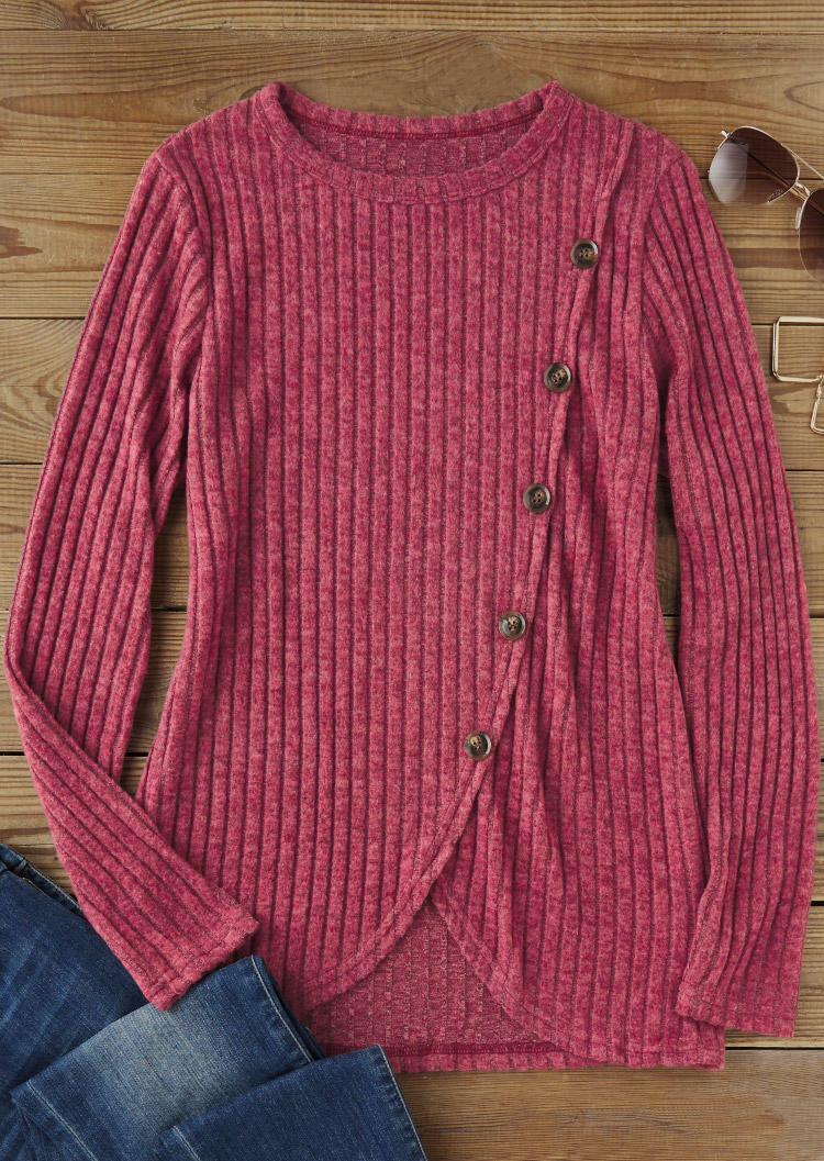 

Blouses Ribbed Button Slit Long Sleeve Blouse - Burgundy in Red. Size