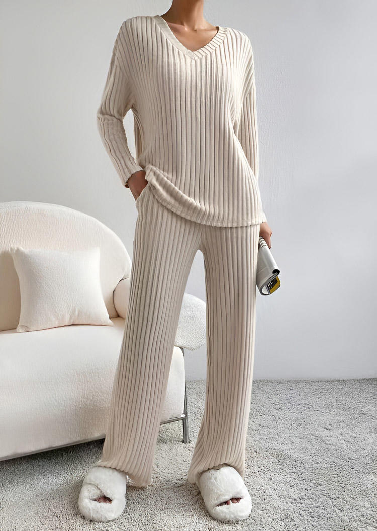 Ribbed Knitted V-Neck Pajamas Set - Apricot