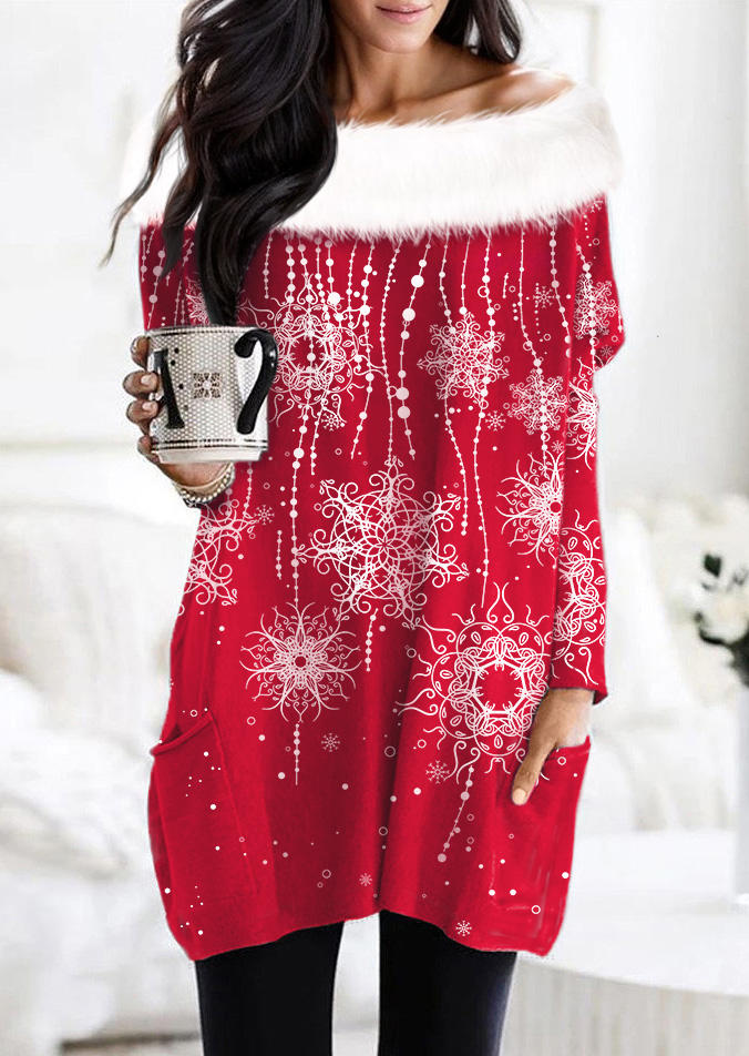 

Mini Dresses Christmas Snowflake Plush Pocket Mini Dress in Red. Size: L,M,,XL