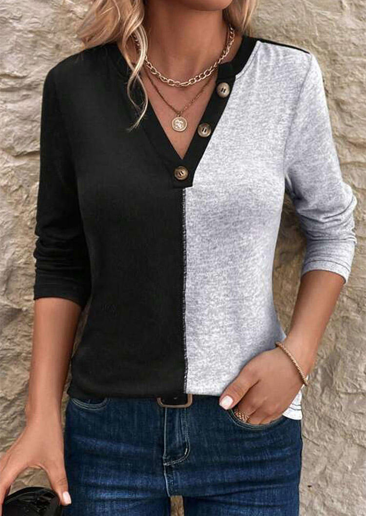 

Blouses Color-Blocked Button Long Sleeve Blouse in Black. Size: L,M,,XL