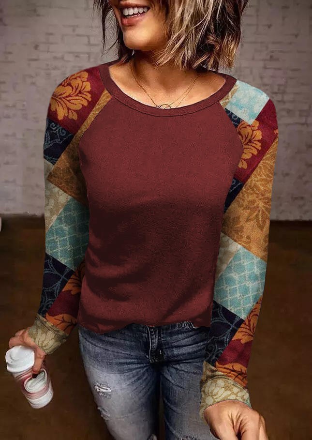 Ethnic Color-Blocked Raglan Sleeve Blouse - Burgundy