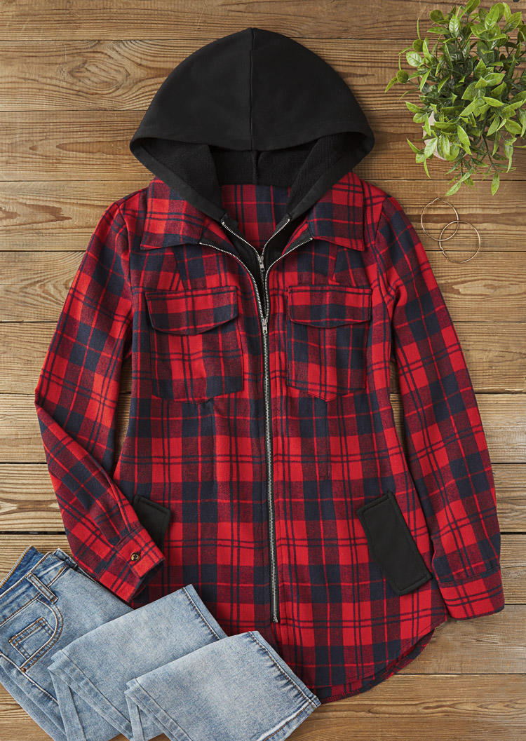 

Coats Buffalo Plaid Zipper Pocket Hooded Fake Two-Piece Coat in Red. Size