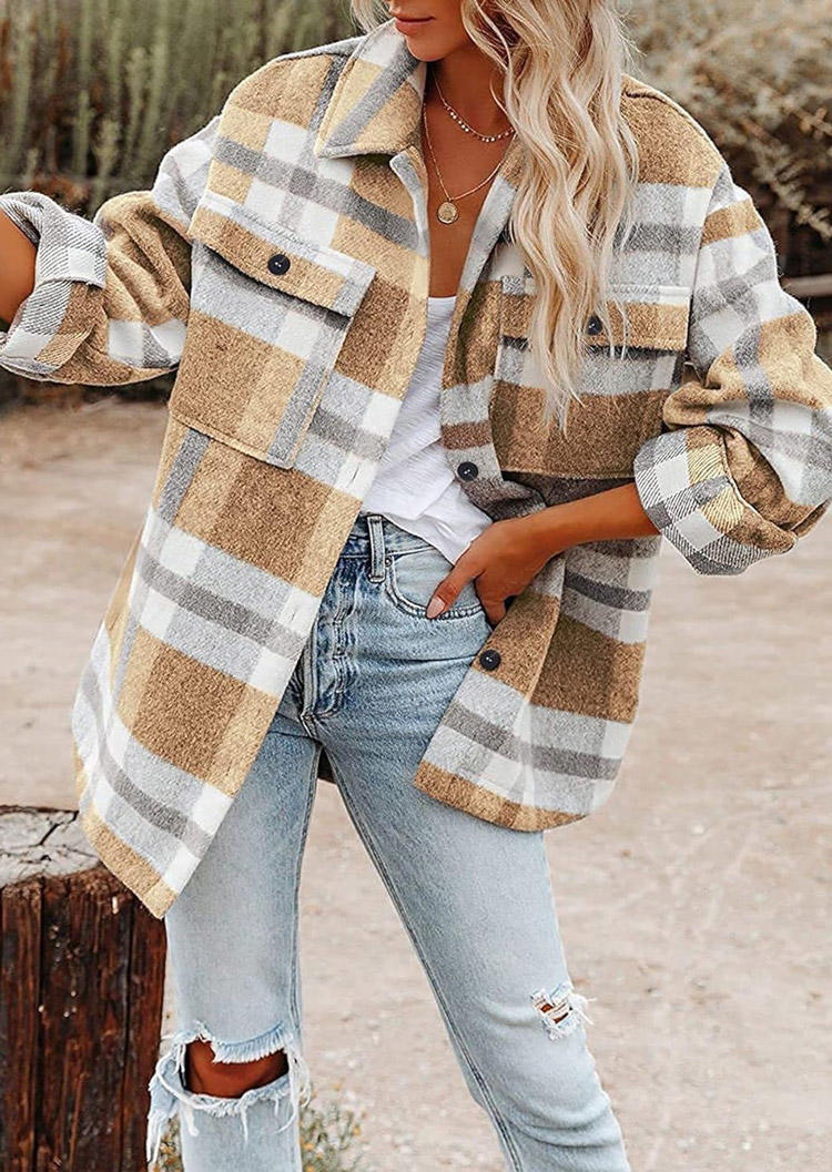 Plaid Button Flannel Shirt Jacket - Khaki