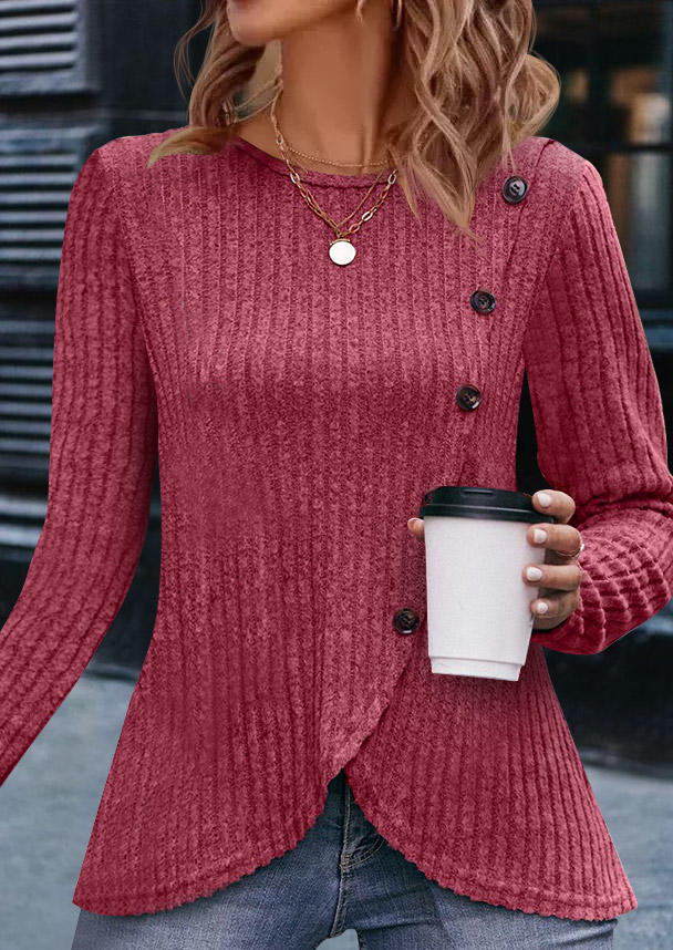 Ribbed Button Slit Long Sleeve Blouse - Burgundy