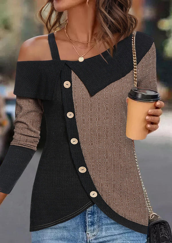 

Blouses Plain Color-Blocked Button One Sided Cold Shoulder Blouse in Multicolor. Size: L,M,,XL