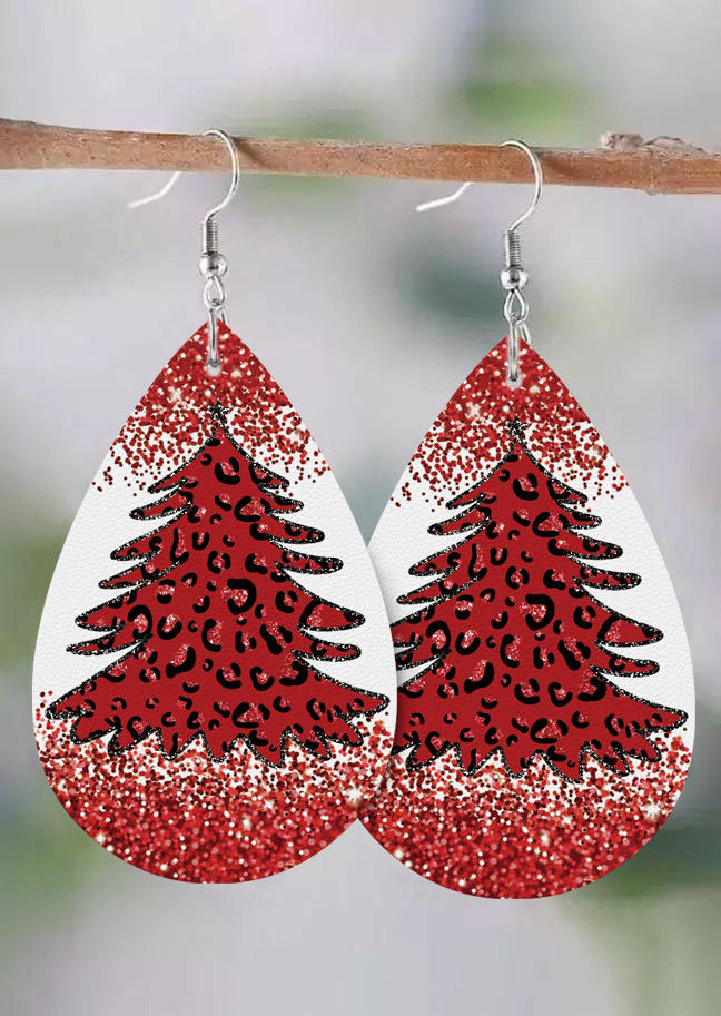 

Earrings Christmas Tree Glitter PU Leather Water Drop Earrings in Red. Size