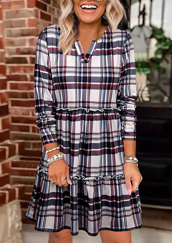 Plaid Ruffled Notched Neck Mini Dress