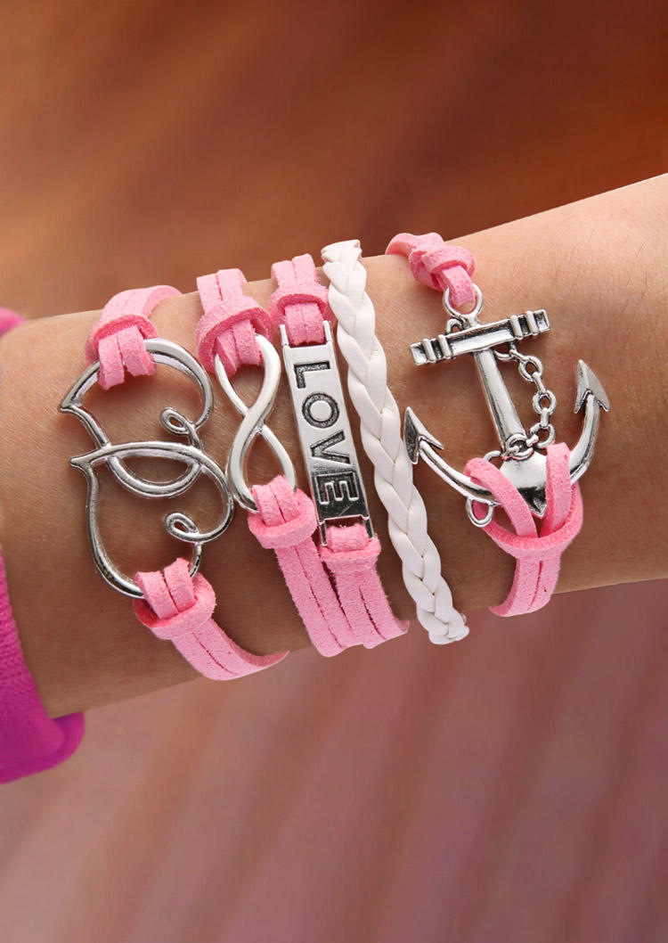 

Bracelet Love Heart Anchor Multi-Layered Braided Bracelet in Pink. Size