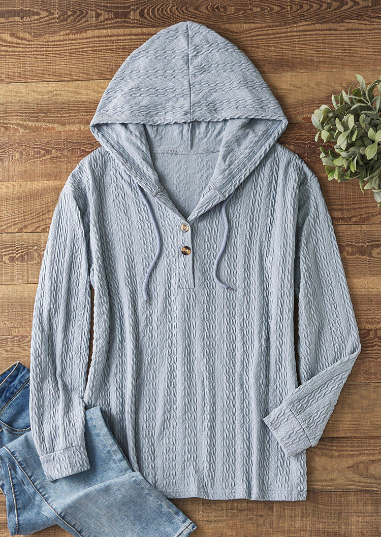

Hoodies Textured Button Drawstring Hoodie in Gray. Size