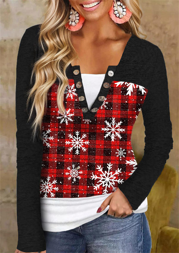 

Blouses Snowflake Button Plaid Long Sleeve Blouse in Multicolor. Size: L,M,,XL