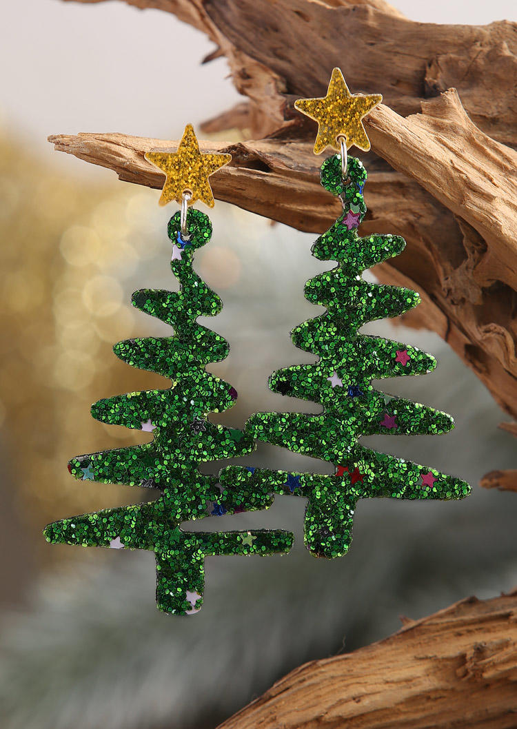 Earrings Christmas Glitter Tree Star Earrings in Green. Size