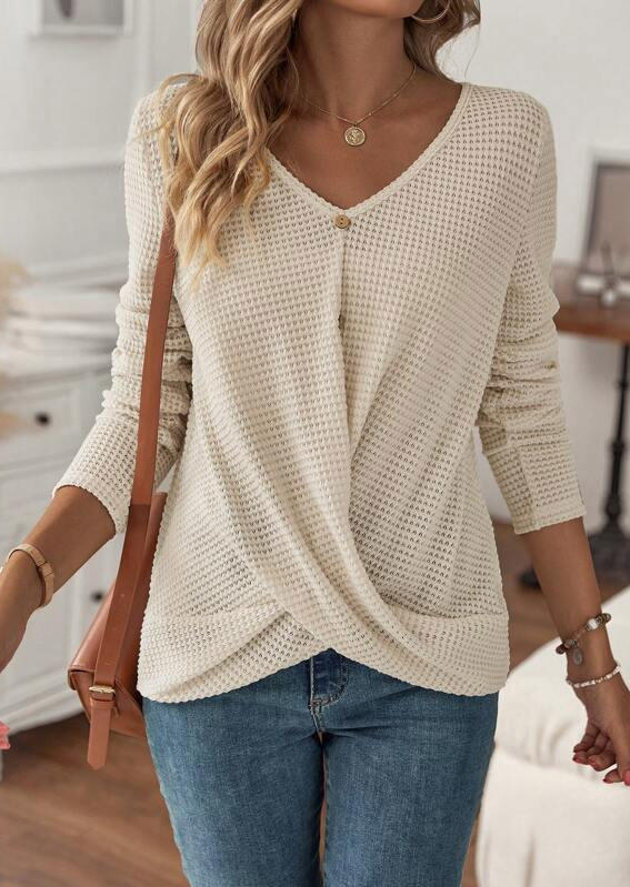 

Blouses Waffle Twist Button Long Sleeve Blouse in Apricot. Size