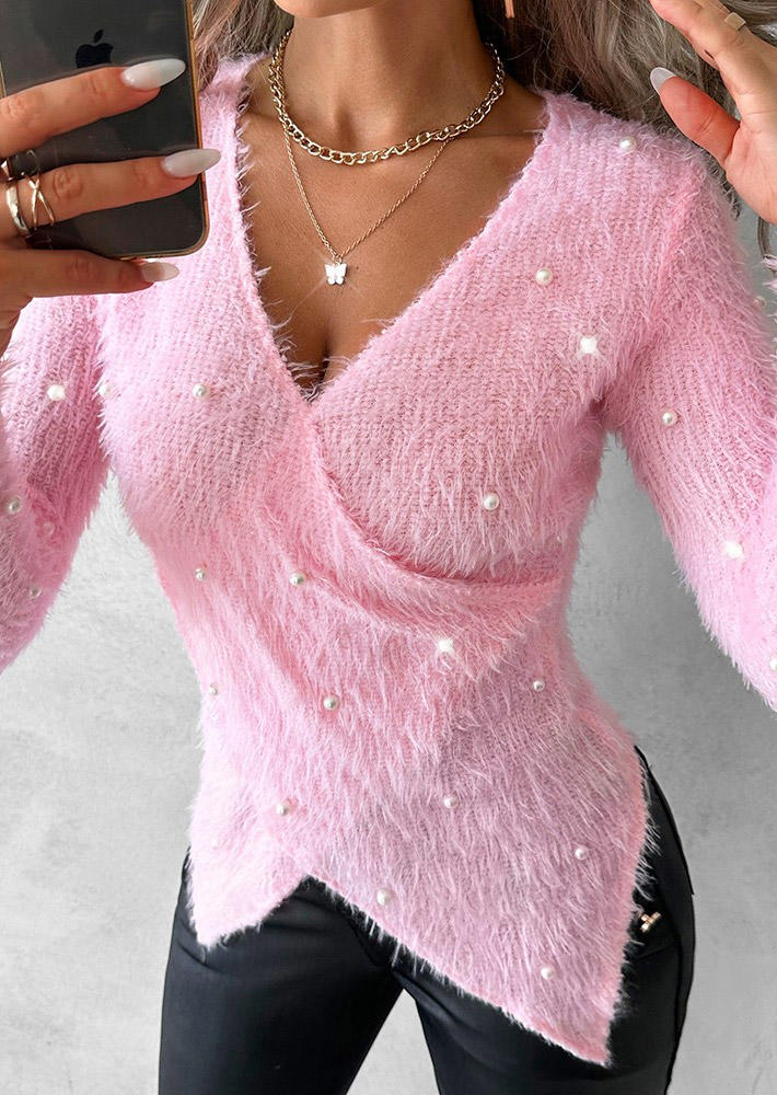 

Blouses Pearls Criss-Cross Plush Asymmetric Hem Blouse in Pink. Size