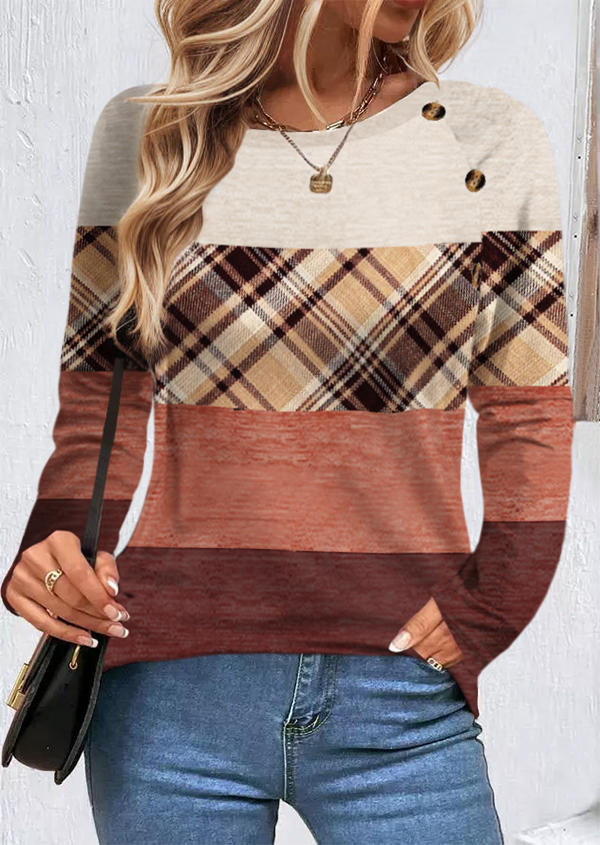 

Blouses Plaid Color-Blocked Button Raglan Sleeve Blouse in Multicolor. Size