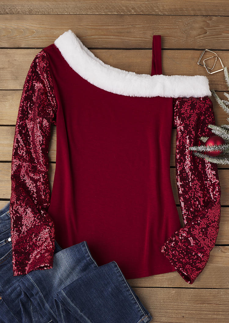 

Blouses Sequined Plush One Sided Cold Shoulder Blouse - Burgundy in Red. Size: L,M,,XL