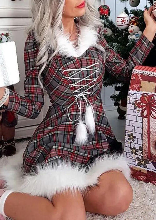 

Mini Dresses Plaid Plush Lace Up Mini Dress in Multicolor. Size: L,M,,XL