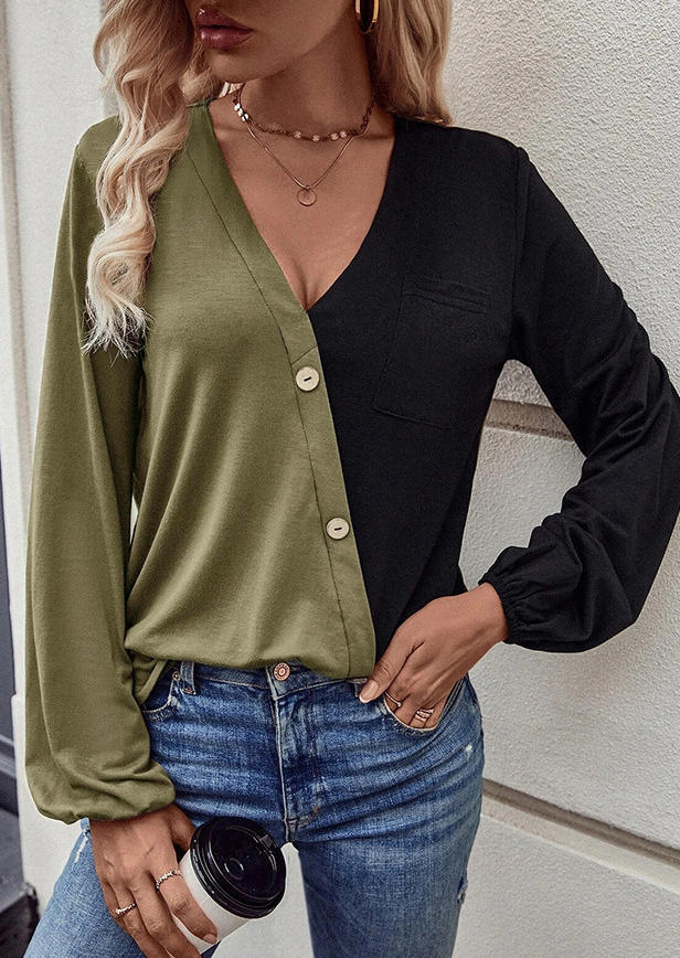 

Blouses Color-Blocked Button Long Sleeve Blouse in Multicolor. Size