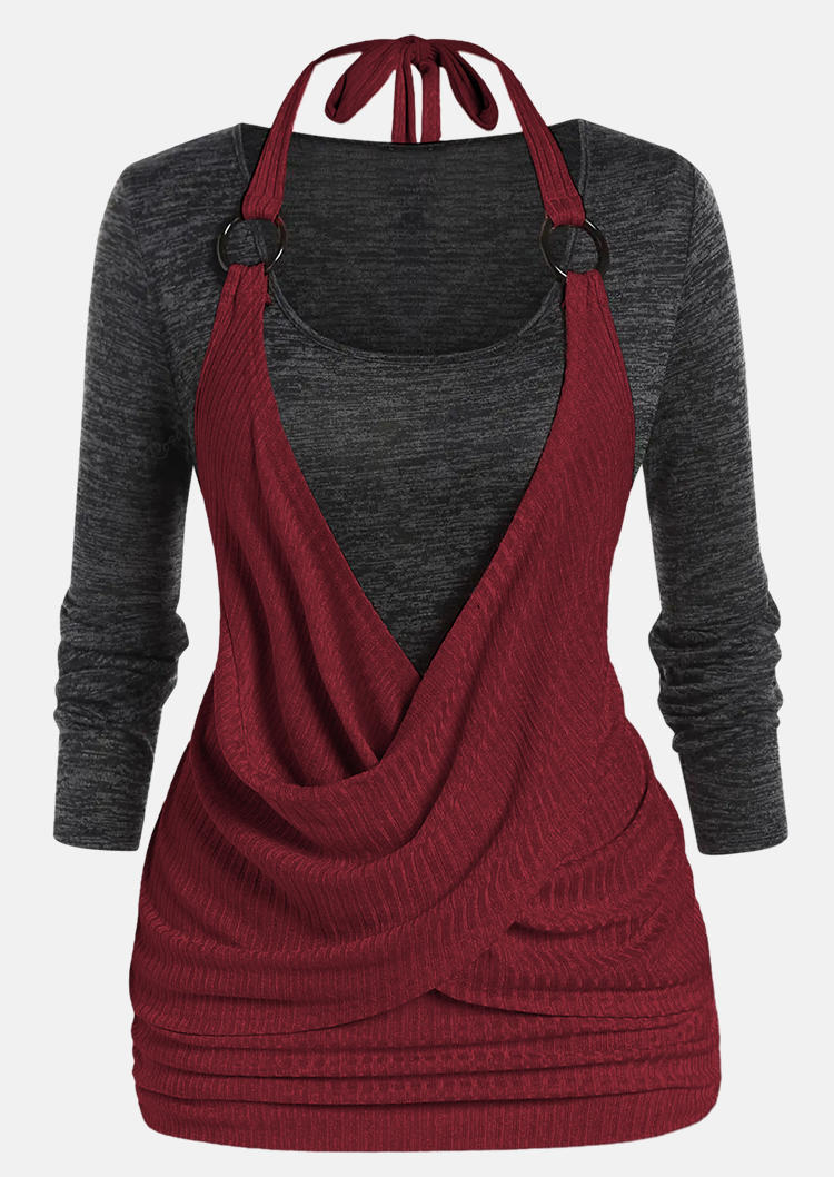 

Blouses Color-Blocked Ribbed Halter Fake Two-Piece Blouse - Burgundy in Red. Size: L,M,,XL