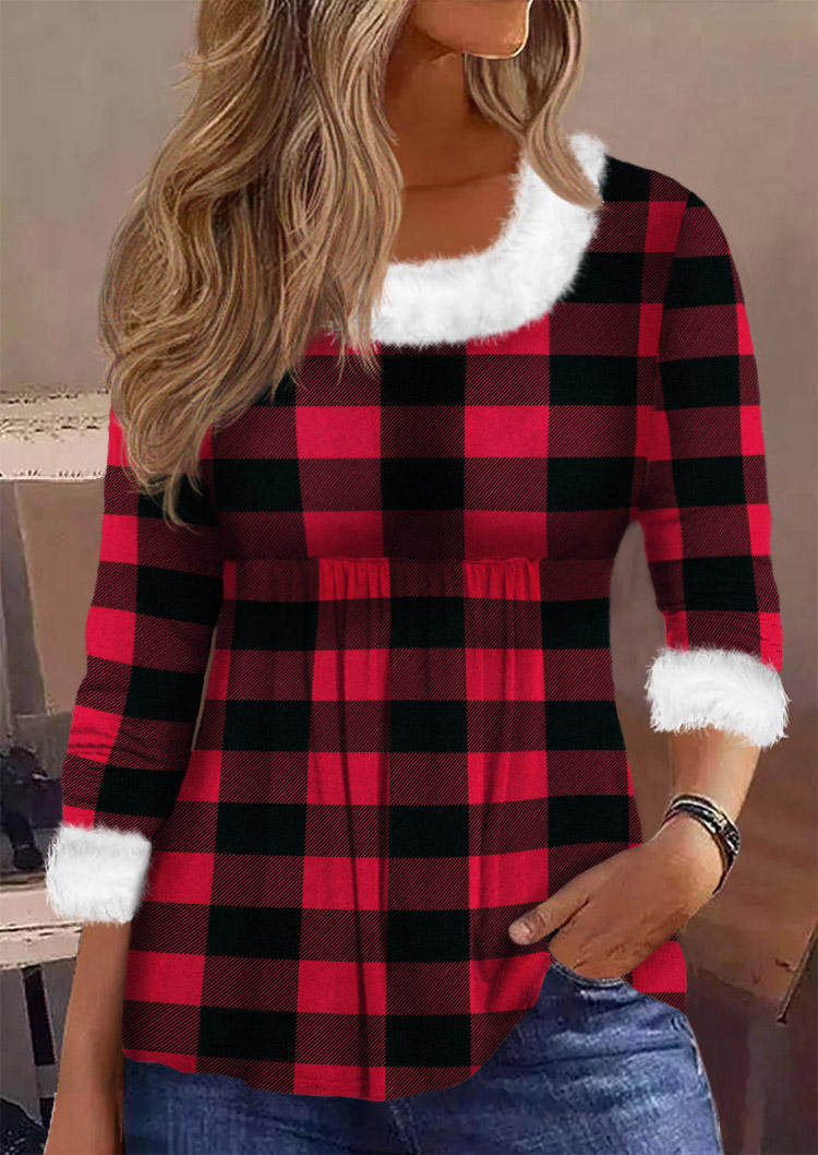 

Blouses Plaid Ruffled Plush Long Sleeve Blouse in Multicolor. Size: L,M,,XL