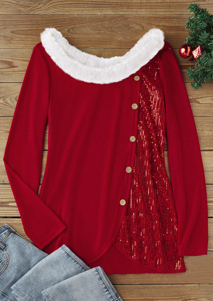 

Blouses Sequined Plush Button Long Sleeve Blouse in Red. Size