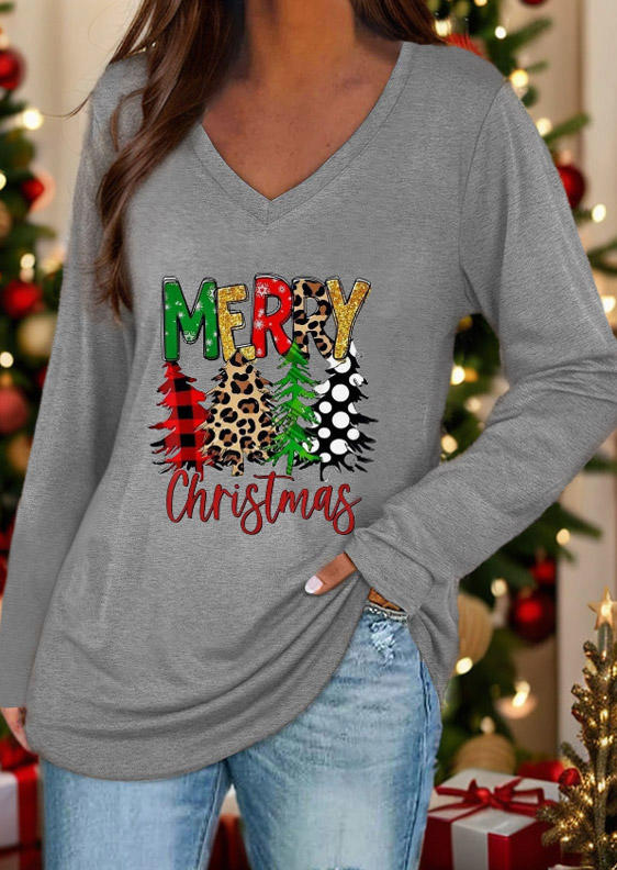 

Blouses Merry Christmas Trees V-Neck Blouse in Gray. Size