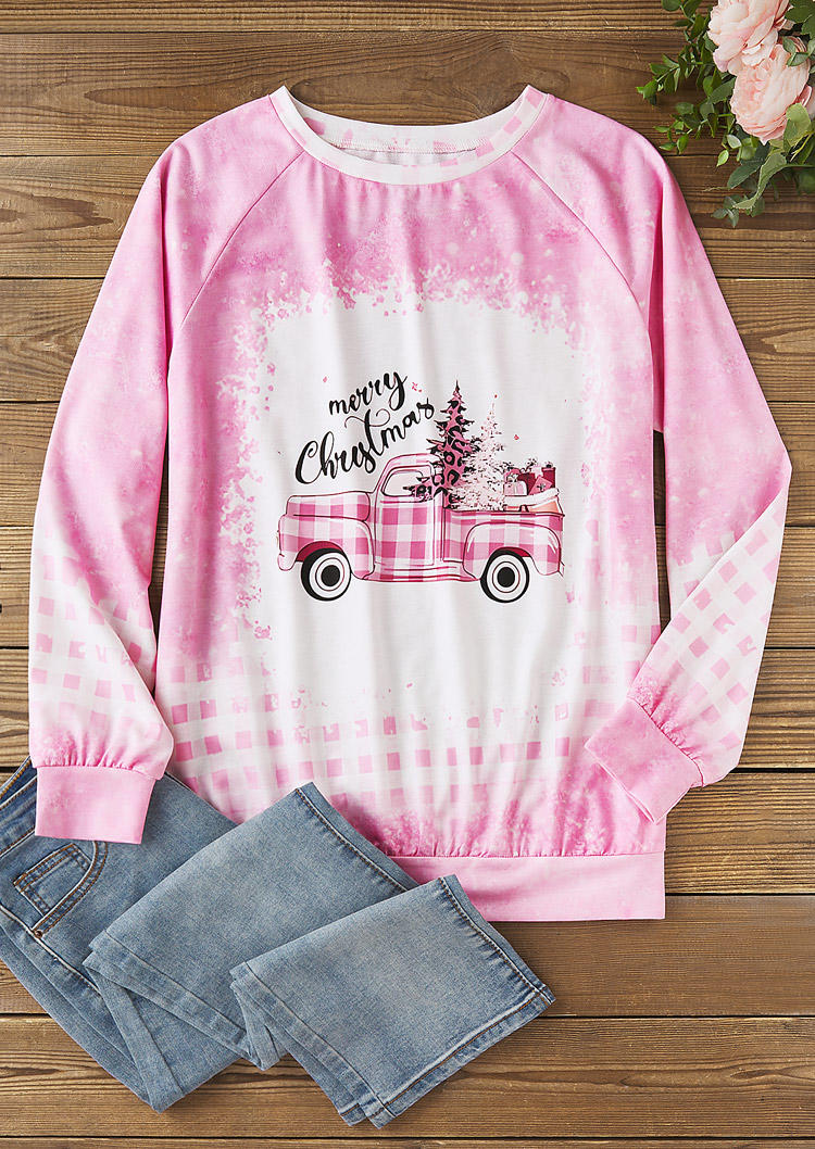 

Sweatshirts Christmas Tree Truck Plaid Striped Sweatshirt in Pink. Size: L,M,,XL
