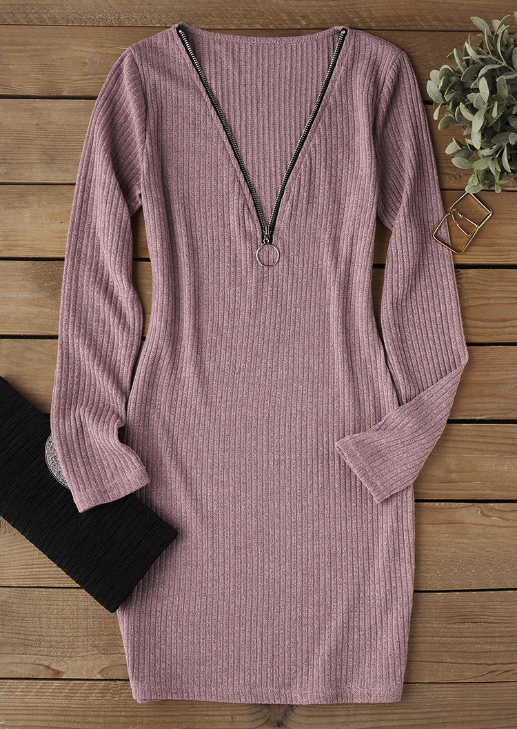 

Bodycon Dresses Knitted Ribbed Zipper Bodycon Dress in Pink. Size: L