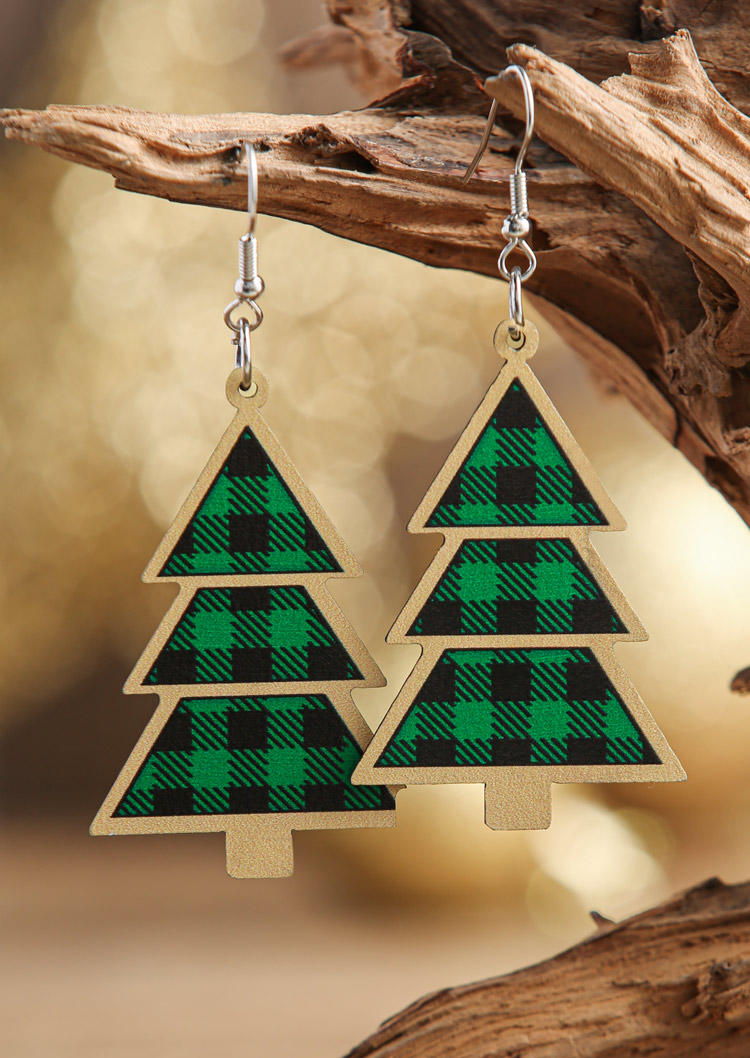 

Earrings Christmas Tree Plaid Wooden Earrings in Green. Size