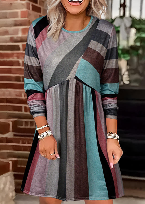 Striped Ruffled Long Sleeve Mini Dress
