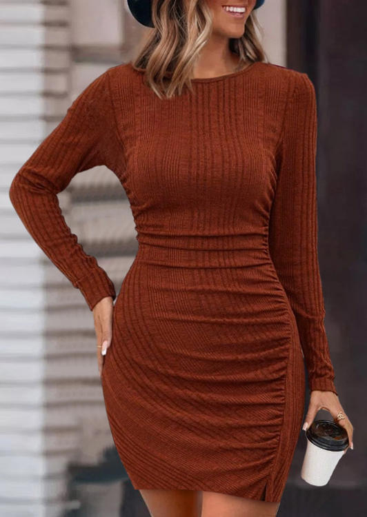 

Bodycon Dresses Plain Textured Ribbed Ruched Bodycon Dress in Brown. Size: L,M,,XL