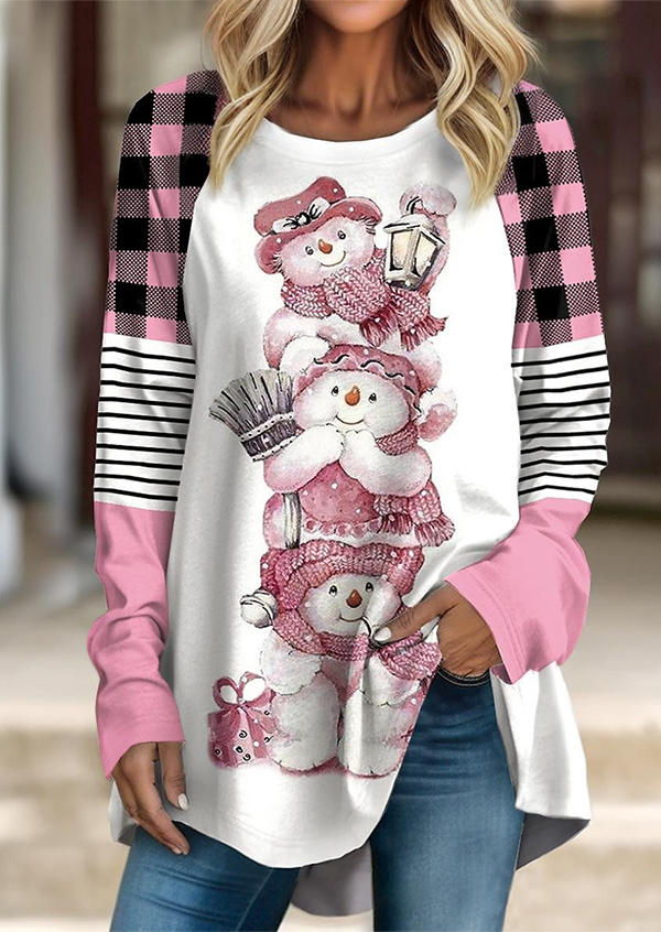 

Blouses Christmas Snowman Plaid Striped Blouse in Pink. Size: L,M,,XL
