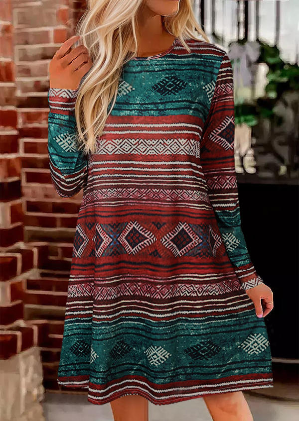 Aztec Geometric Long Sleeve Mini Dress